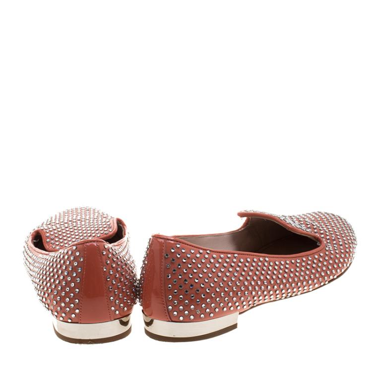 Pre Owned Miu Miu Coral Orange Crystal Studded Patent Leather Smoking Slippers Size 38.5