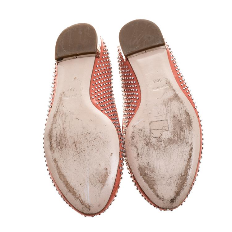 Pre Owned Miu Miu Coral Orange Crystal Studded Patent Leather Smoking Slippers Size 38.5