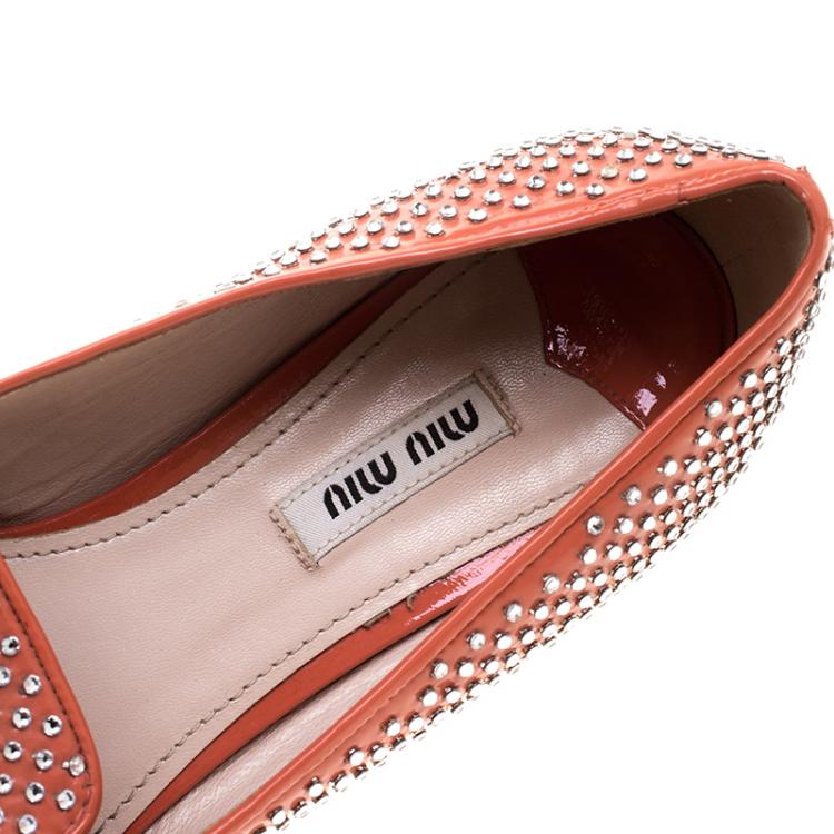 Pre Owned Miu Miu Coral Orange Crystal Studded Patent Leather Smoking Slippers Size 38.5