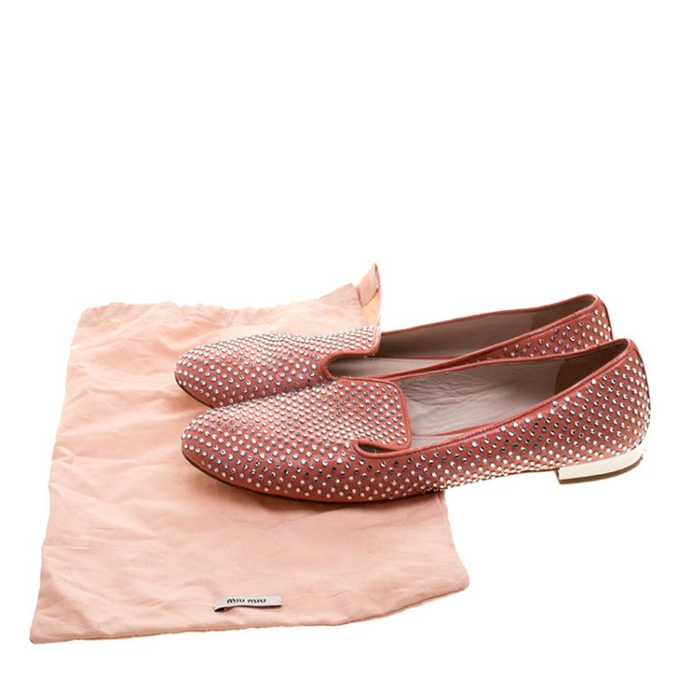 Pre Owned Miu Miu Coral Orange Crystal Studded Patent Leather Smoking Slippers Size 38.5