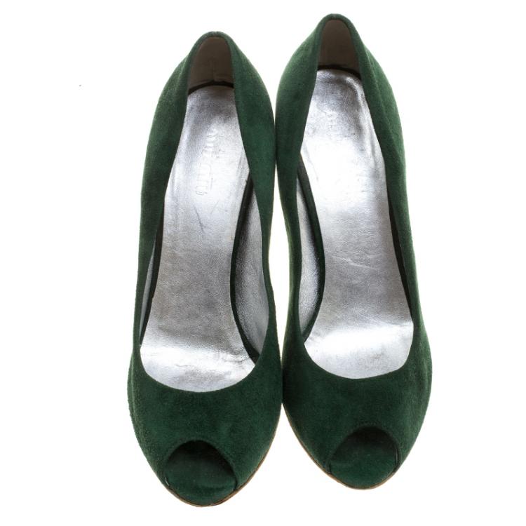 مملوكة مسبقًا Miu Miu Green Suede Peep Toe Pumps Size 37.5