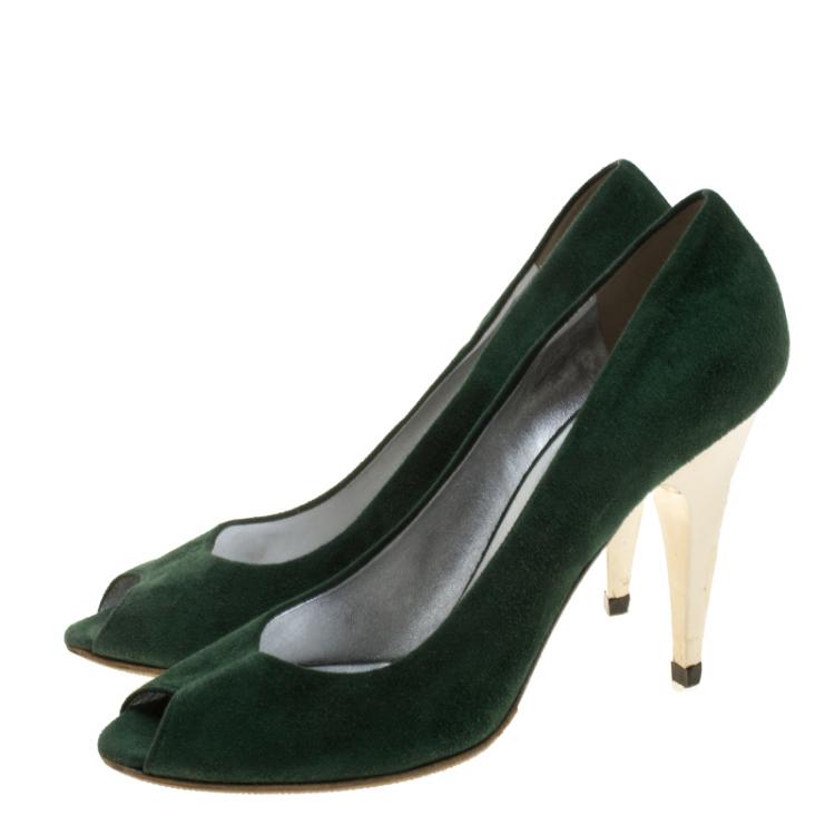 مملوكة مسبقًا Miu Miu Green Suede Peep Toe Pumps Size 37.5