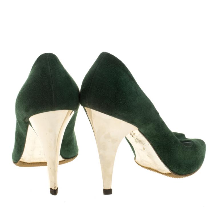 مملوكة مسبقًا Miu Miu Green Suede Peep Toe Pumps Size 37.5