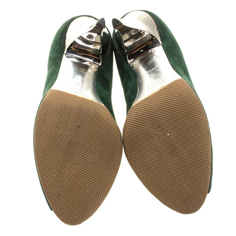 مملوكة مسبقًا Miu Miu Green Suede Peep Toe Pumps Size 37.5