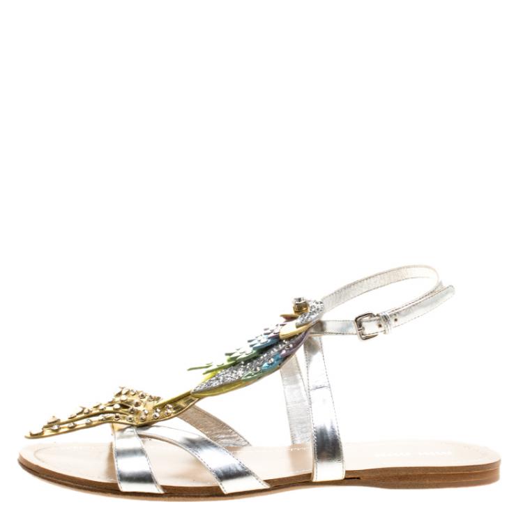 مملوكة مسبقًا Miu Miu Multicolor Leather Crystal Embellished Parrot Sandals Size 36
