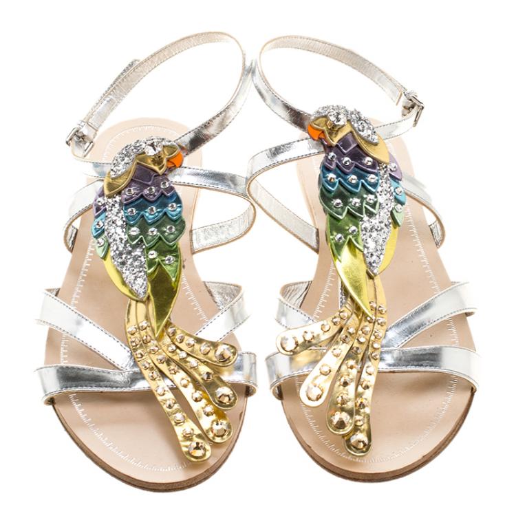 مملوكة مسبقًا Miu Miu Multicolor Leather Crystal Embellished Parrot Sandals Size 36