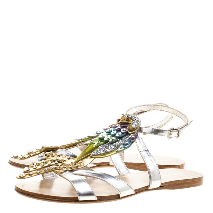 مملوكة مسبقًا Miu Miu Multicolor Leather Crystal Embellished Parrot Sandals Size 36