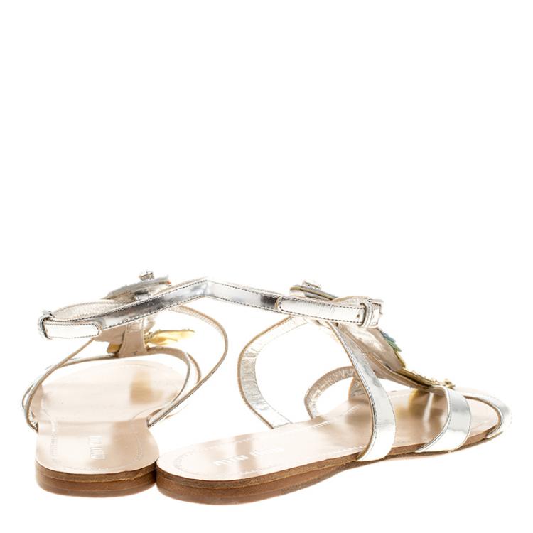 مملوكة مسبقًا Miu Miu Multicolor Leather Crystal Embellished Parrot Sandals Size 36