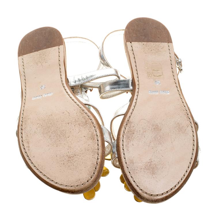 مملوكة مسبقًا Miu Miu Multicolor Leather Crystal Embellished Parrot Sandals Size 36
