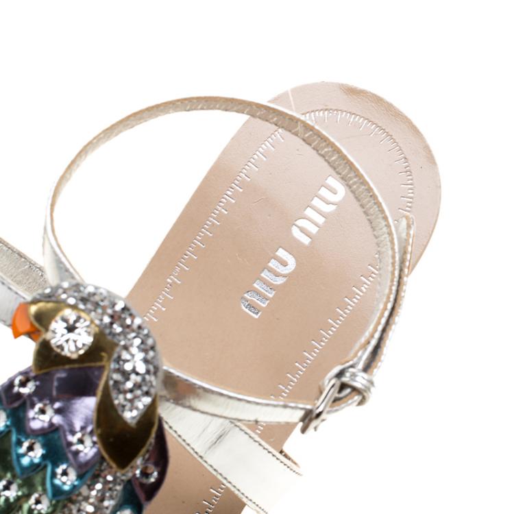 مملوكة مسبقًا Miu Miu Multicolor Leather Crystal Embellished Parrot Sandals Size 36
