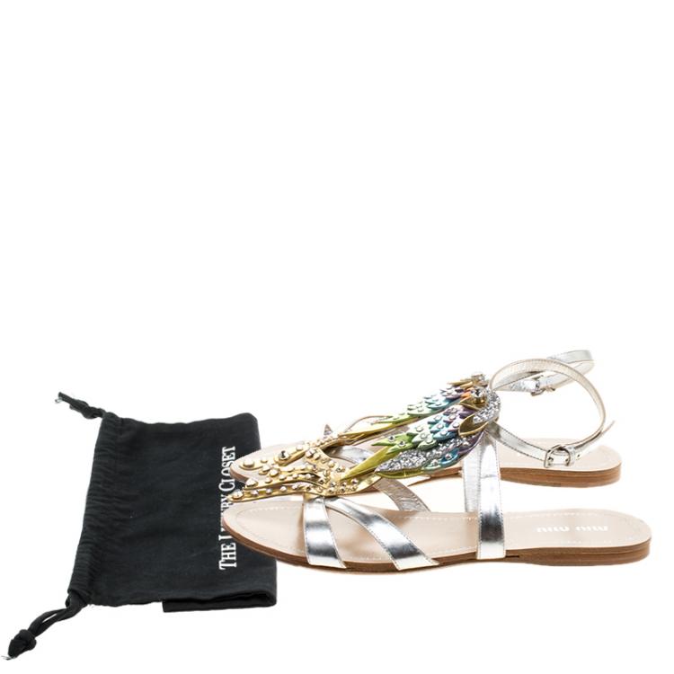 مملوكة مسبقًا Miu Miu Multicolor Leather Crystal Embellished Parrot Sandals Size 36