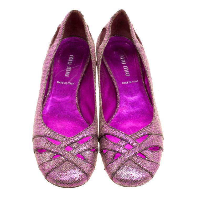 Pre Owned Miu Miu Hot Pink Glitters Ballet Flats Size 38