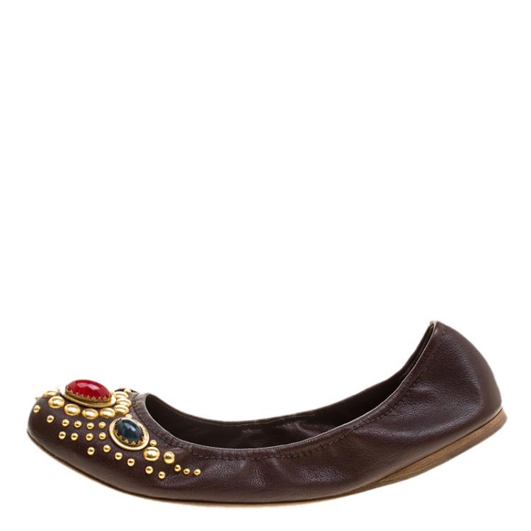 Pre Owned Miu Miu Brown Leather Stone Embellished Ballet Flats Size 42