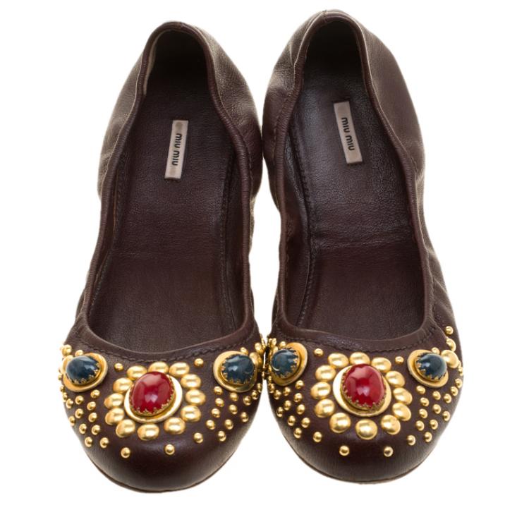 Pre Owned Miu Miu Brown Leather Stone Embellished Ballet Flats Size 42