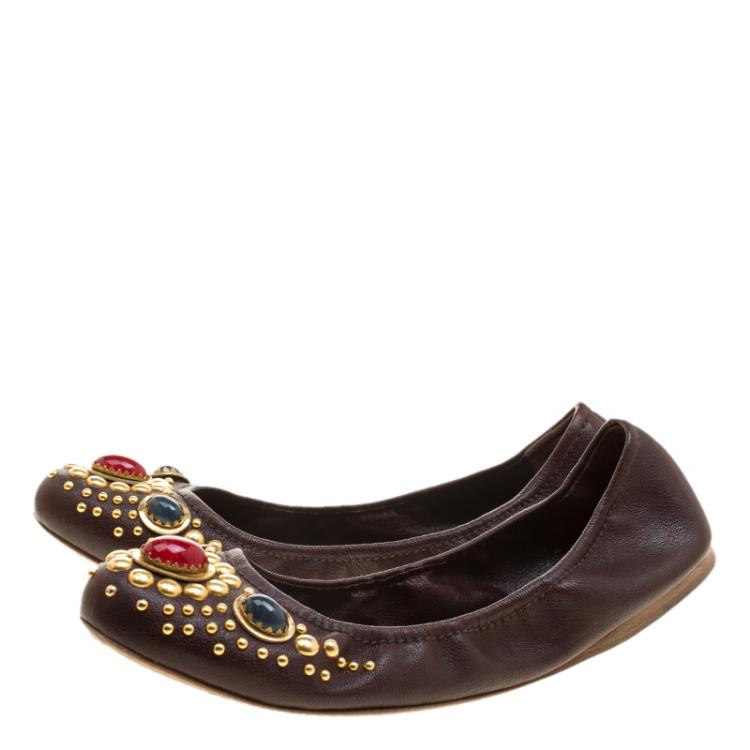Pre Owned Miu Miu Brown Leather Stone Embellished Ballet Flats Size 42