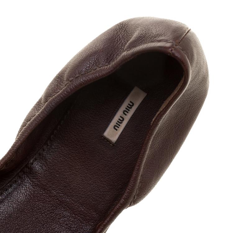 Pre Owned Miu Miu Brown Leather Stone Embellished Ballet Flats Size 42