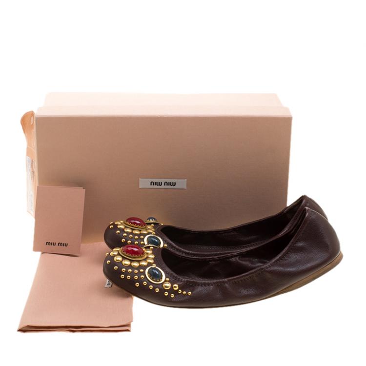 Pre Owned Miu Miu Brown Leather Stone Embellished Ballet Flats Size 42