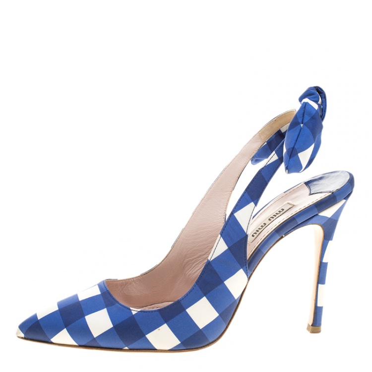 Pre Owned Miu Miu Blue/White Checkered Satin Bow Detail Slingback Sandals Size 39