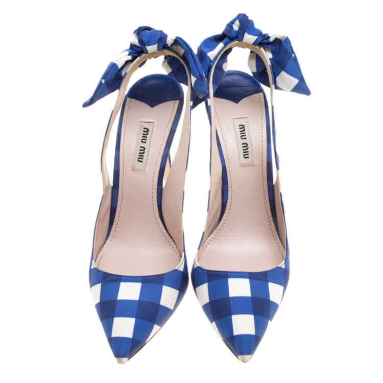 Pre Owned Miu Miu Blue/White Checkered Satin Bow Detail Slingback Sandals Size 39