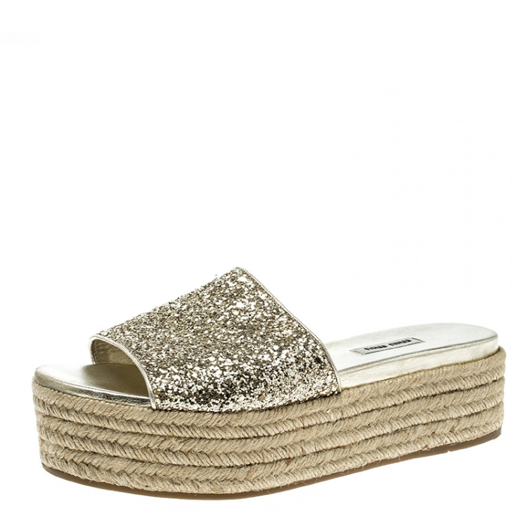 Pre Owned Miu Miu Metallic Gold Glitter Espadrille Platform Slides Size 40