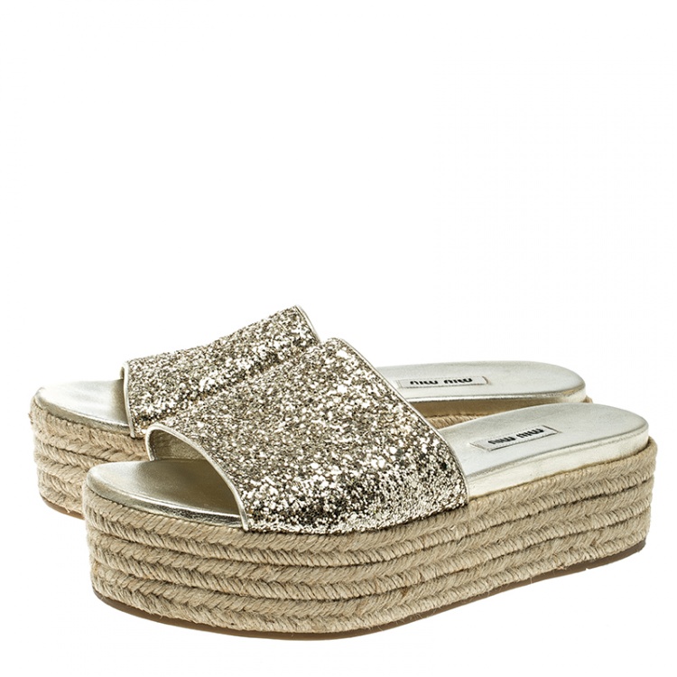 Pre Owned Miu Miu Metallic Gold Glitter Espadrille Platform Slides Size 40