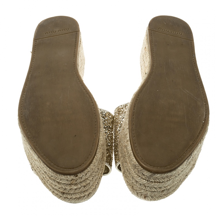 Pre Owned Miu Miu Metallic Gold Glitter Espadrille Platform Slides Size 40