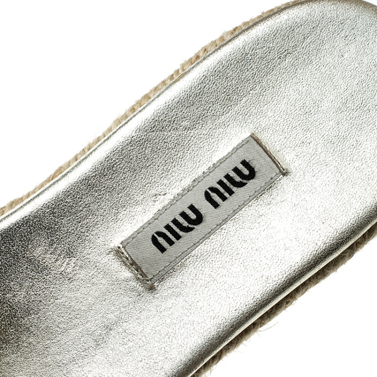 Pre Owned Miu Miu Metallic Gold Glitter Espadrille Platform Slides Size 40