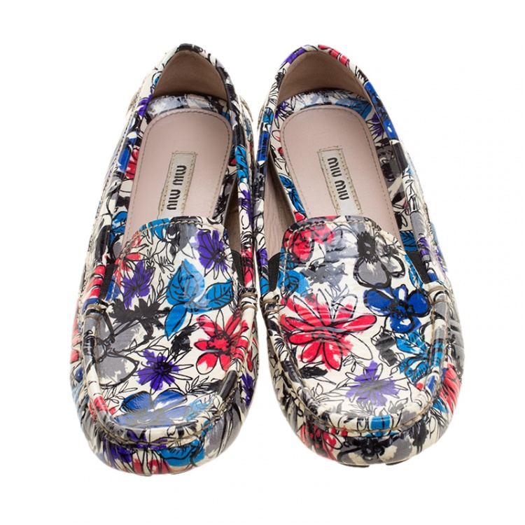 Pre Owned Miu Miu Multicolor Floral Printed Patent Leather Loafers Size 36