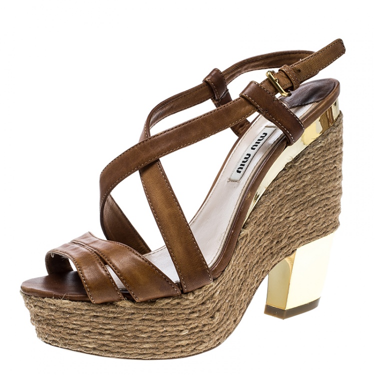 Pre Owned Miu Miu Brown Leather Espadrilles Wedge Platform Cross Strap Sandals Size 36.5