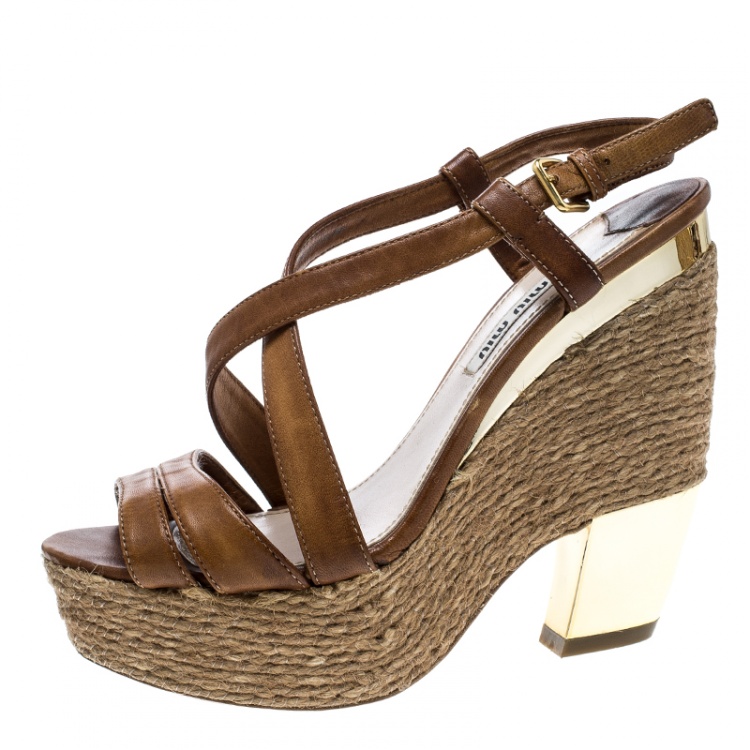 Pre Owned Miu Miu Brown Leather Espadrilles Wedge Platform Cross Strap Sandals Size 36.5
