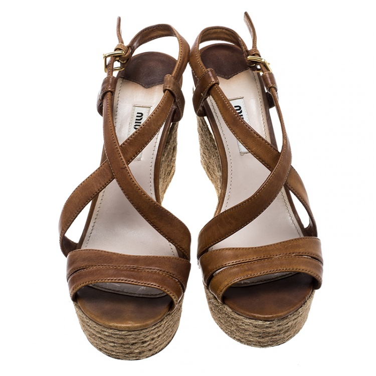 Pre Owned Miu Miu Brown Leather Espadrilles Wedge Platform Cross Strap Sandals Size 36.5