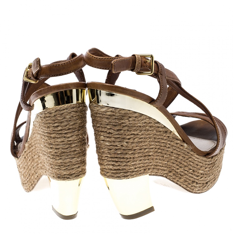 Pre Owned Miu Miu Brown Leather Espadrilles Wedge Platform Cross Strap Sandals Size 36.5