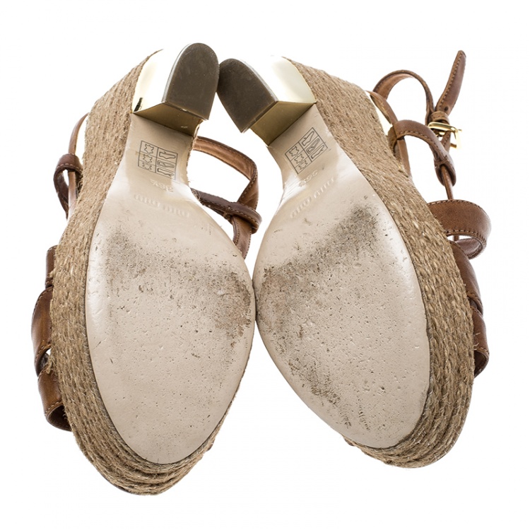 Pre Owned Miu Miu Brown Leather Espadrilles Wedge Platform Cross Strap Sandals Size 36.5