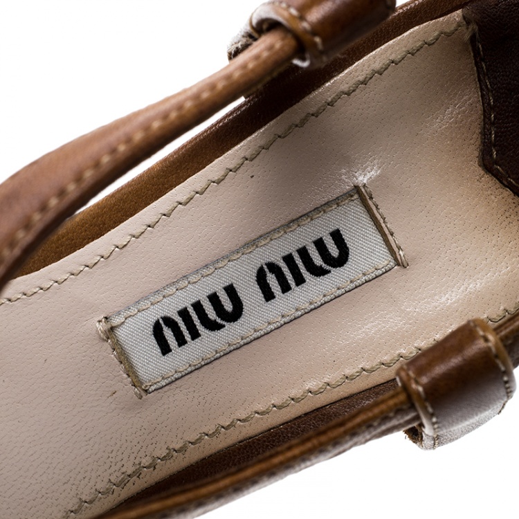 Pre Owned Miu Miu Brown Leather Espadrilles Wedge Platform Cross Strap Sandals Size 36.5