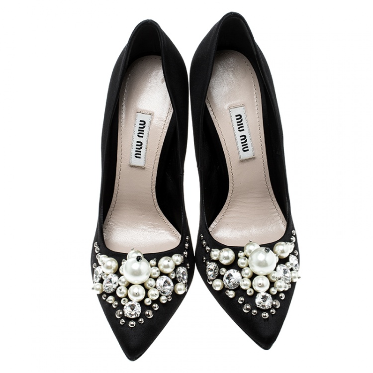 Pre Owned Miu Miu Black Satin Crystal and Pearl Embellished Pointed Toe Pumps Size 37