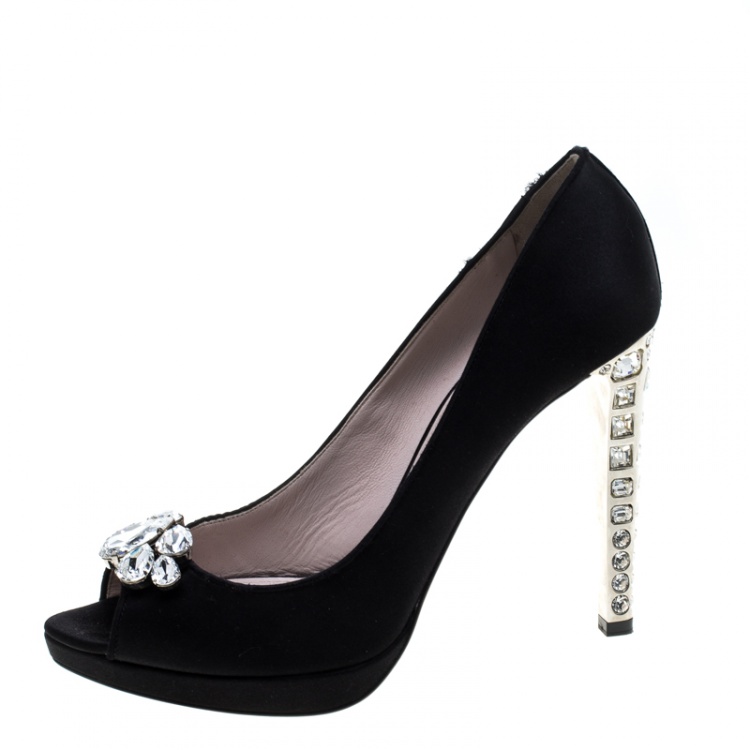 Pre Owned Miu Miu Black Satin Crystal Embellished Peep Toe Pumps Size 41