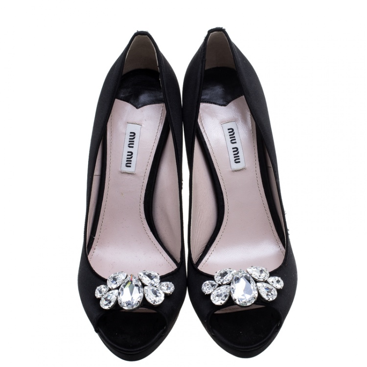 Pre Owned Miu Miu Black Satin Crystal Embellished Peep Toe Pumps Size 41