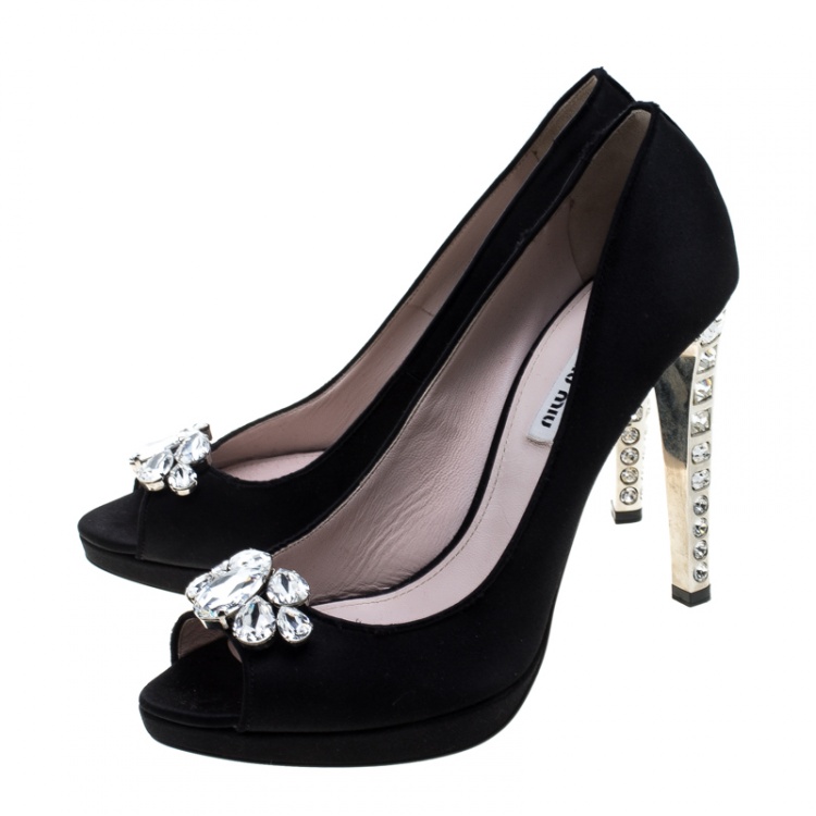 Pre Owned Miu Miu Black Satin Crystal Embellished Peep Toe Pumps Size 41
