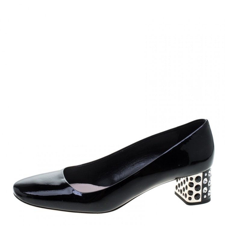 Pre Owned Miu Miu Black Patent Leather Crystal Embellished Block Heel Pumps Size 40