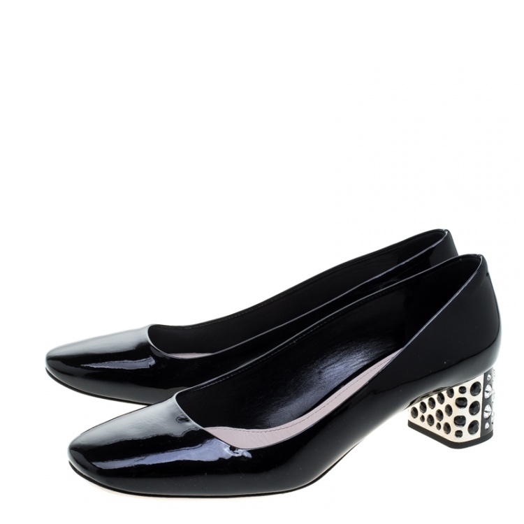 Pre Owned Miu Miu Black Patent Leather Crystal Embellished Block Heel Pumps Size 40