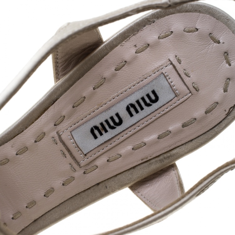 Pre Owned Miu Miu Beige Satin T Strap Crystal Embellished Heel Peep Toe Platform Sandals Size 36.5