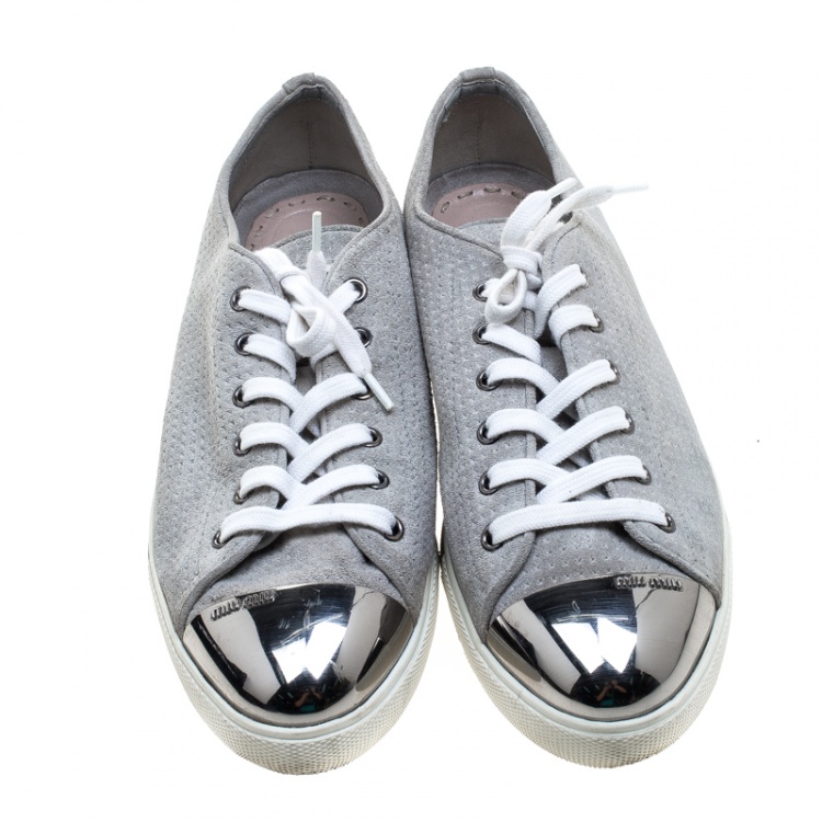 Pre Owned Miu Miu Grey Suede Cap Toe Sneakers Size 40