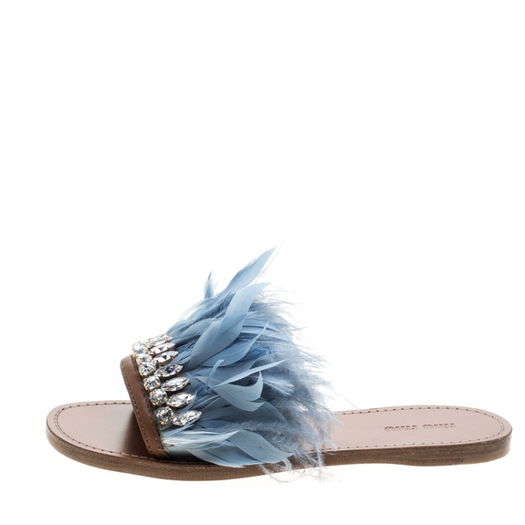 Pre Owned Miu Miu Powder Blue Feathers and Leather Swarovski Crystal Embellished Flat Slides Size 37