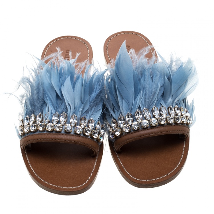 Pre Owned Miu Miu Powder Blue Feathers and Leather Swarovski Crystal Embellished Flat Slides Size 37