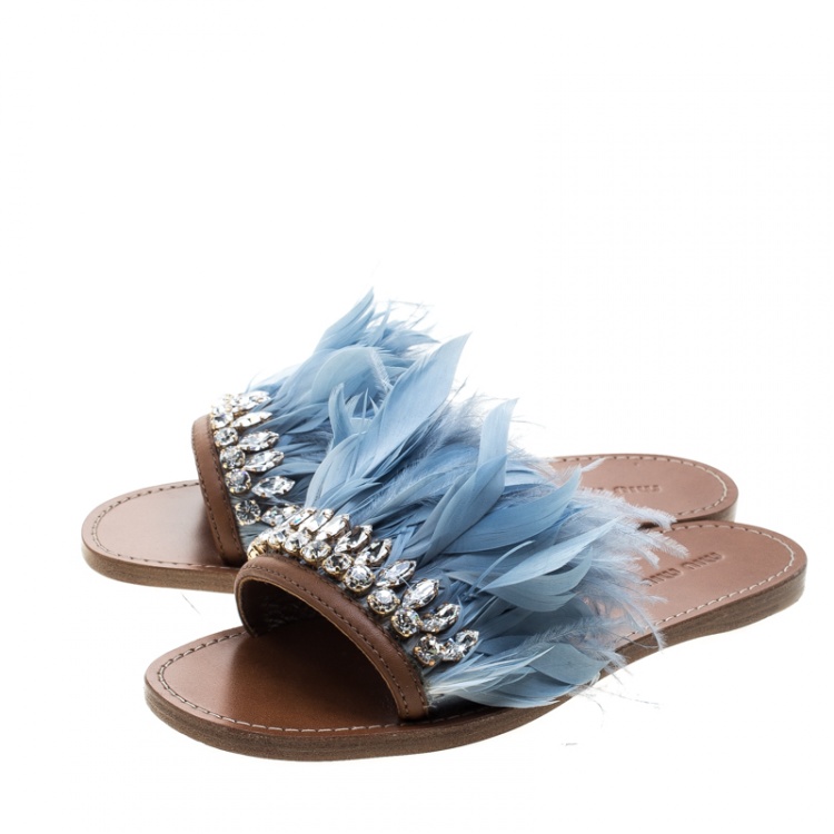 Pre Owned Miu Miu Powder Blue Feathers and Leather Swarovski Crystal Embellished Flat Slides Size 37