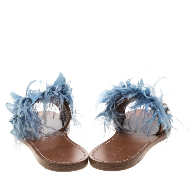 Pre Owned Miu Miu Powder Blue Feathers and Leather Swarovski Crystal Embellished Flat Slides Size 37