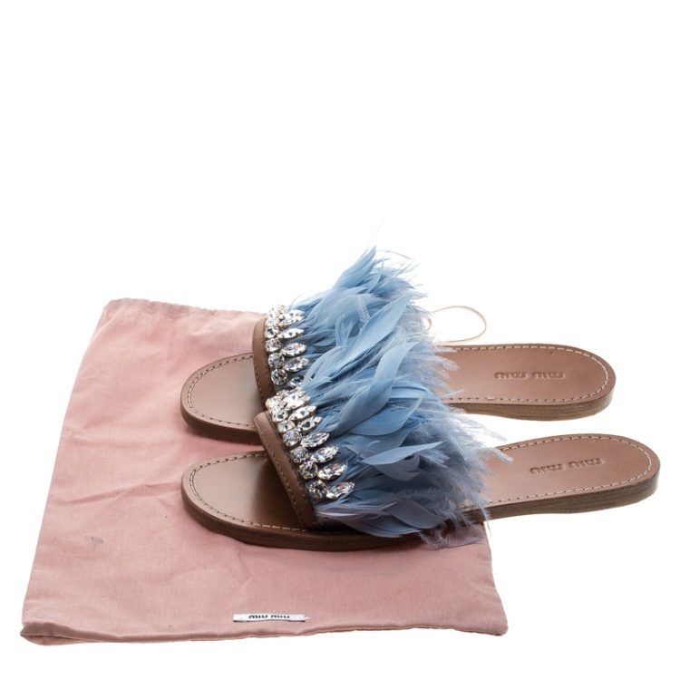 Pre Owned Miu Miu Powder Blue Feathers and Leather Swarovski Crystal Embellished Flat Slides Size 37