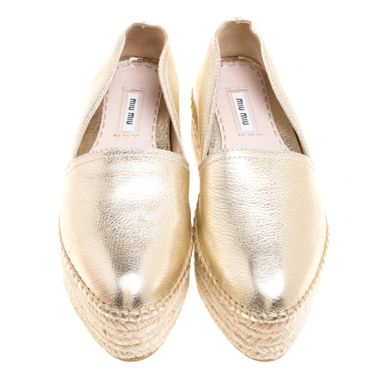 Pre Owned Miu Miu Metallic Gold Leather Platform Espadrilles Size 36