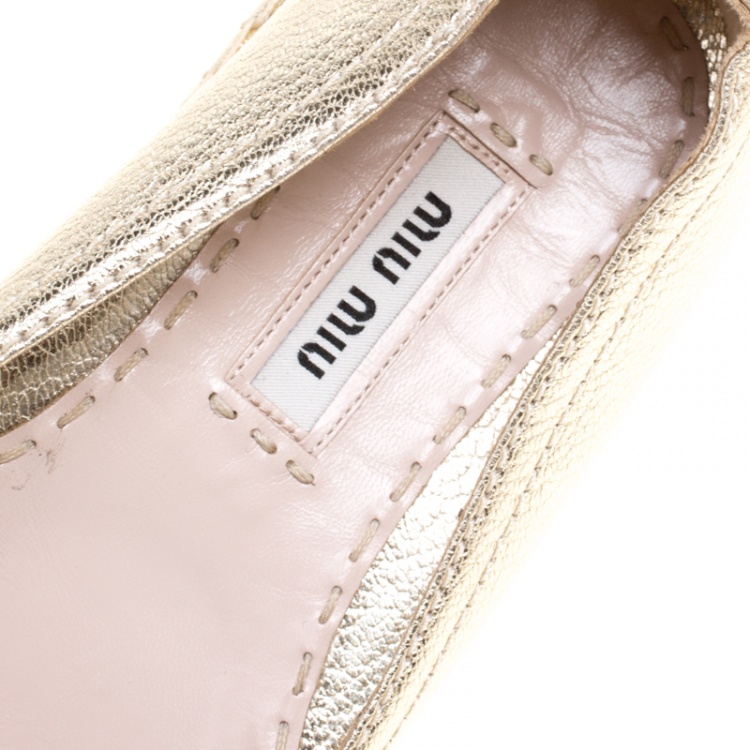 Pre Owned Miu Miu Metallic Gold Leather Platform Espadrilles Size 36