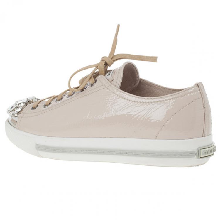 Pre Owned Miu Miu Nude Patent Leather Jewel Studded Cap Toe Sneakers Size 38